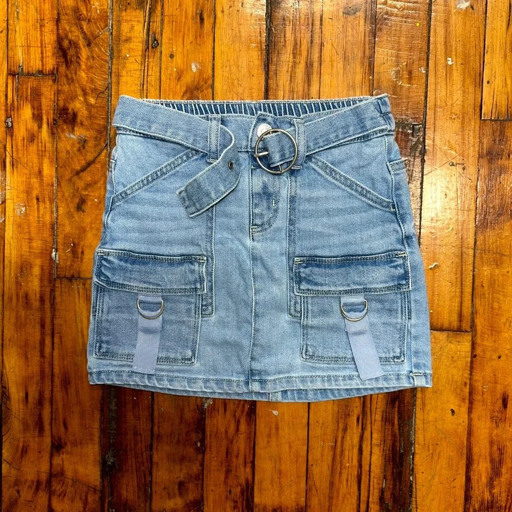 Justice Mini Skirt Girls Size 8 Blue Denim Cargo Pockets Belted Waist Utility
